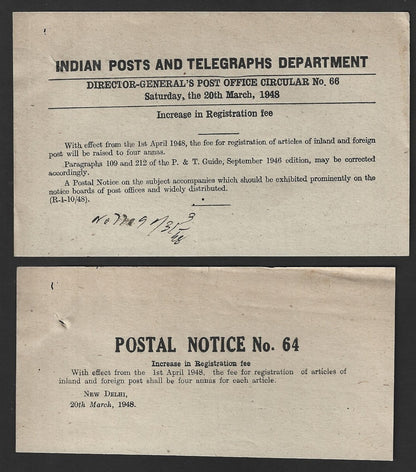 India POSTAL NOTICE #64 20 Mar 1948 Increase in Registration Fee + CIRCULAR #66