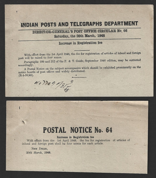 India POSTAL NOTICE #64 20 Mar 1948 Increase in Registration Fee + CIRCULAR #66
