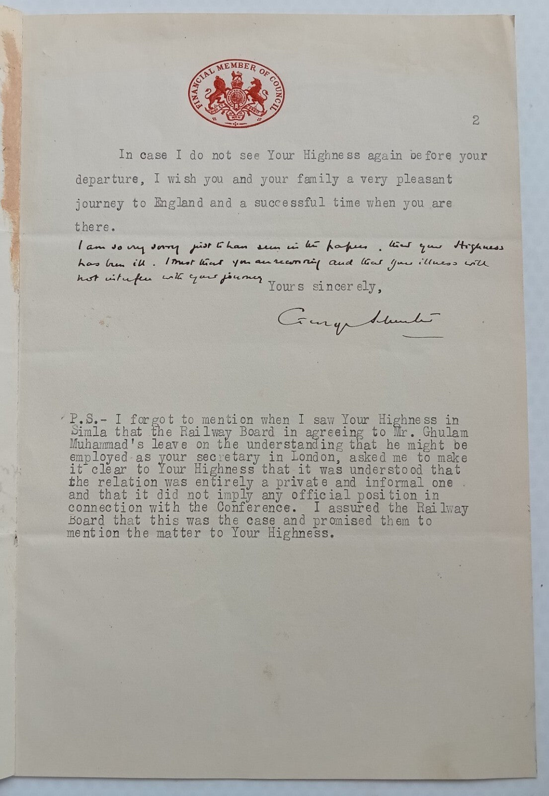 FINANCIAL MEMBER OF COUNCIL crested letter 1931 India