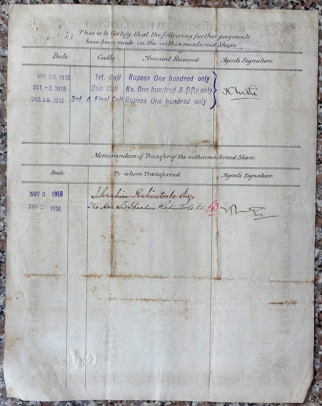 India THE KASTOORCHAND MILLS Bombay 1913 share certificate Capital 1.2M Ӝ zaz