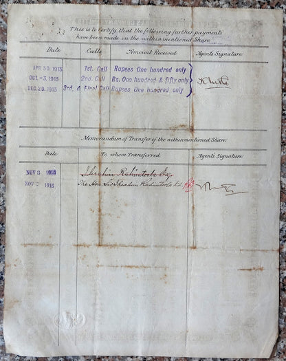 India THE KASTOORCHAND MILLS Bombay 1913 share certificate Capital 1.2M Ӝ zaz