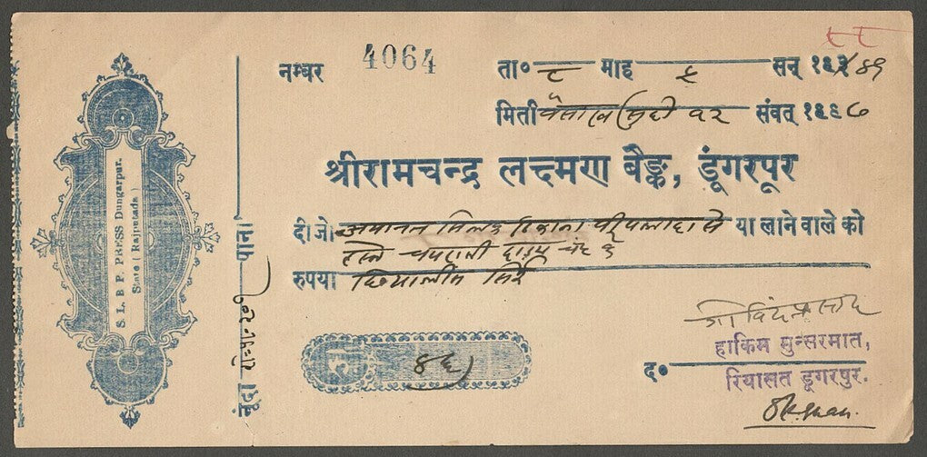 AOP India 1941 check cheque Ramchandra Laxman Bank Dungarpur