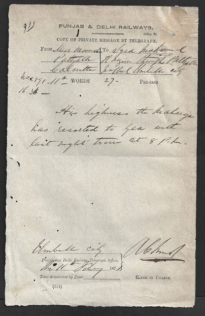 India 1871 PUNJAB & DELHI RAILWAYS telegram