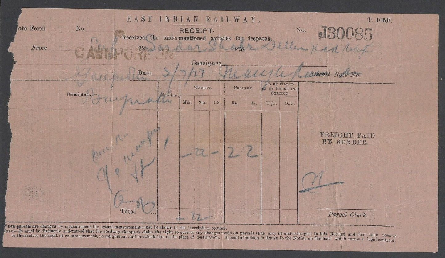 AOPIMT India East India Railway, Goods Receipt CAWNPORE 1923 