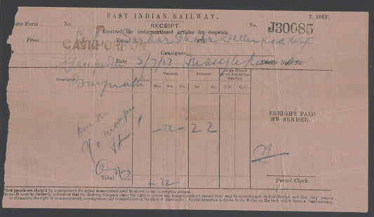 AOPIMT India East India Railway, Goods Receipt CAWNPORE 1923 