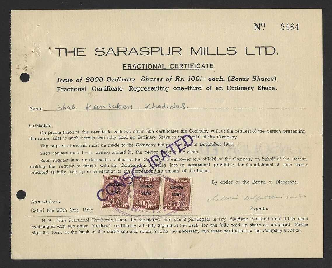 India 1956 Saraspur Mills Fractional certificate