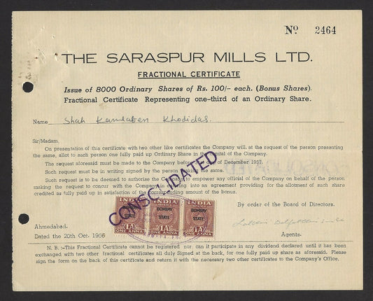 India 1956 Saraspur Mills Fractional certificate