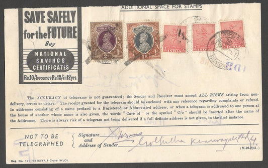 AOP India telegram wi postage stamps KGVI 1R and 2R & 1949 1a x 3