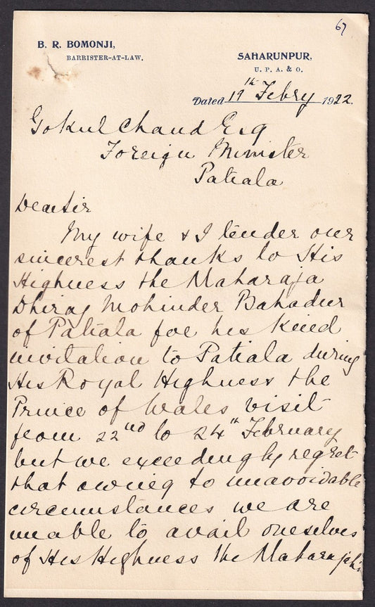 India 1922 HRH The Prince of Wales Visit letter