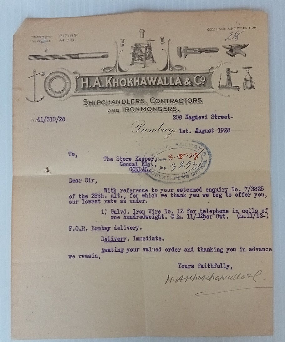 AOP Shipchandlers & Ironmongers, Bombay 1928 illustrated letterhead India