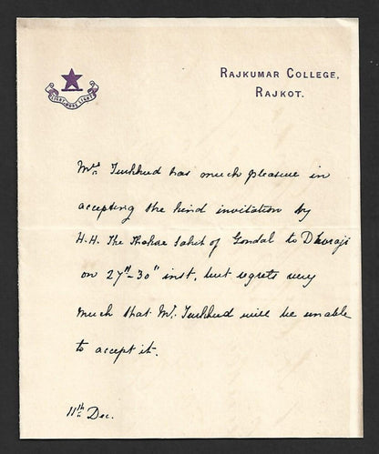 AOP India 1887 crested letter RAJKUMAR COLLEGE, Rajkot