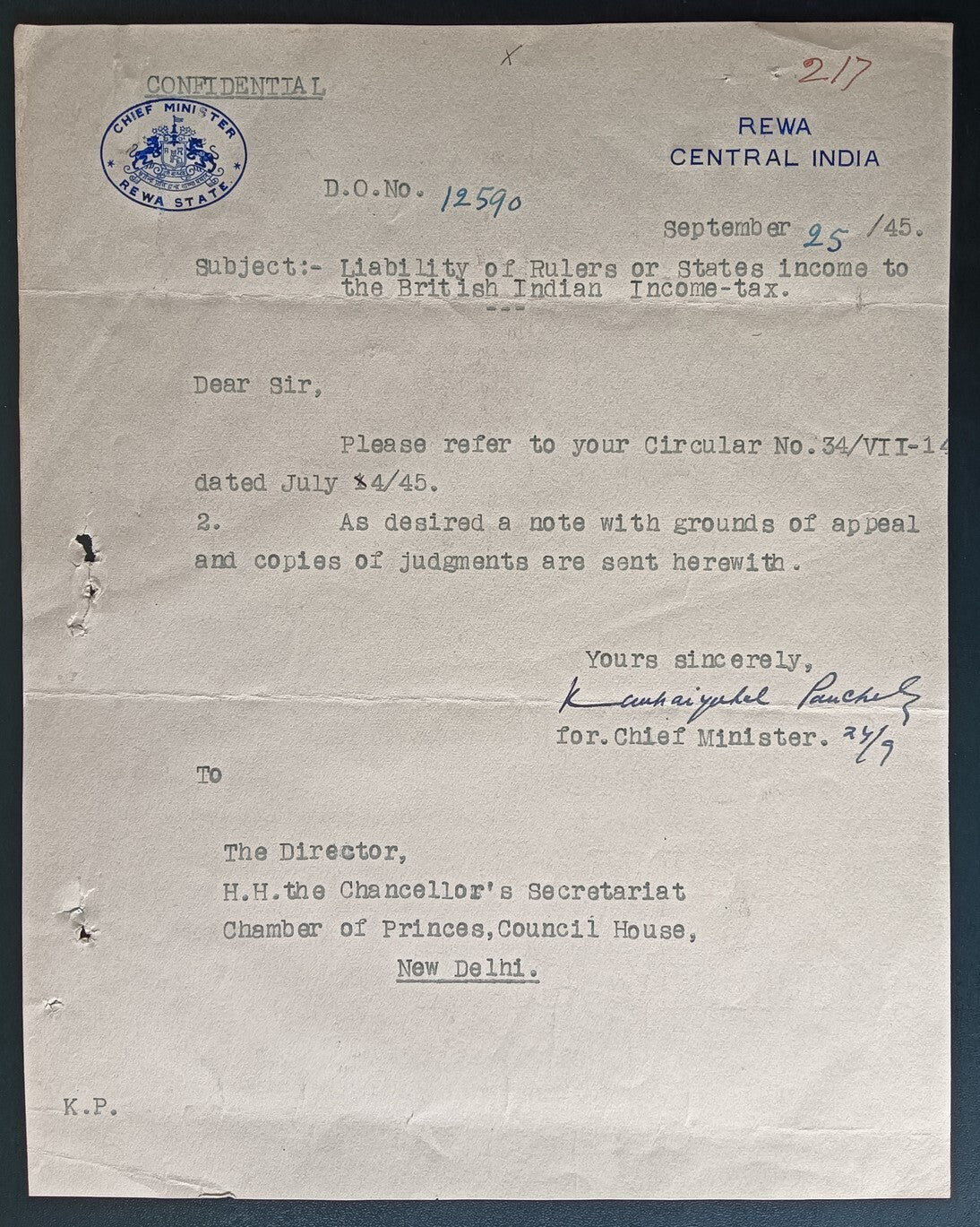 India 1945 crested letter CHIEF MINISTER / REWA STATE signed