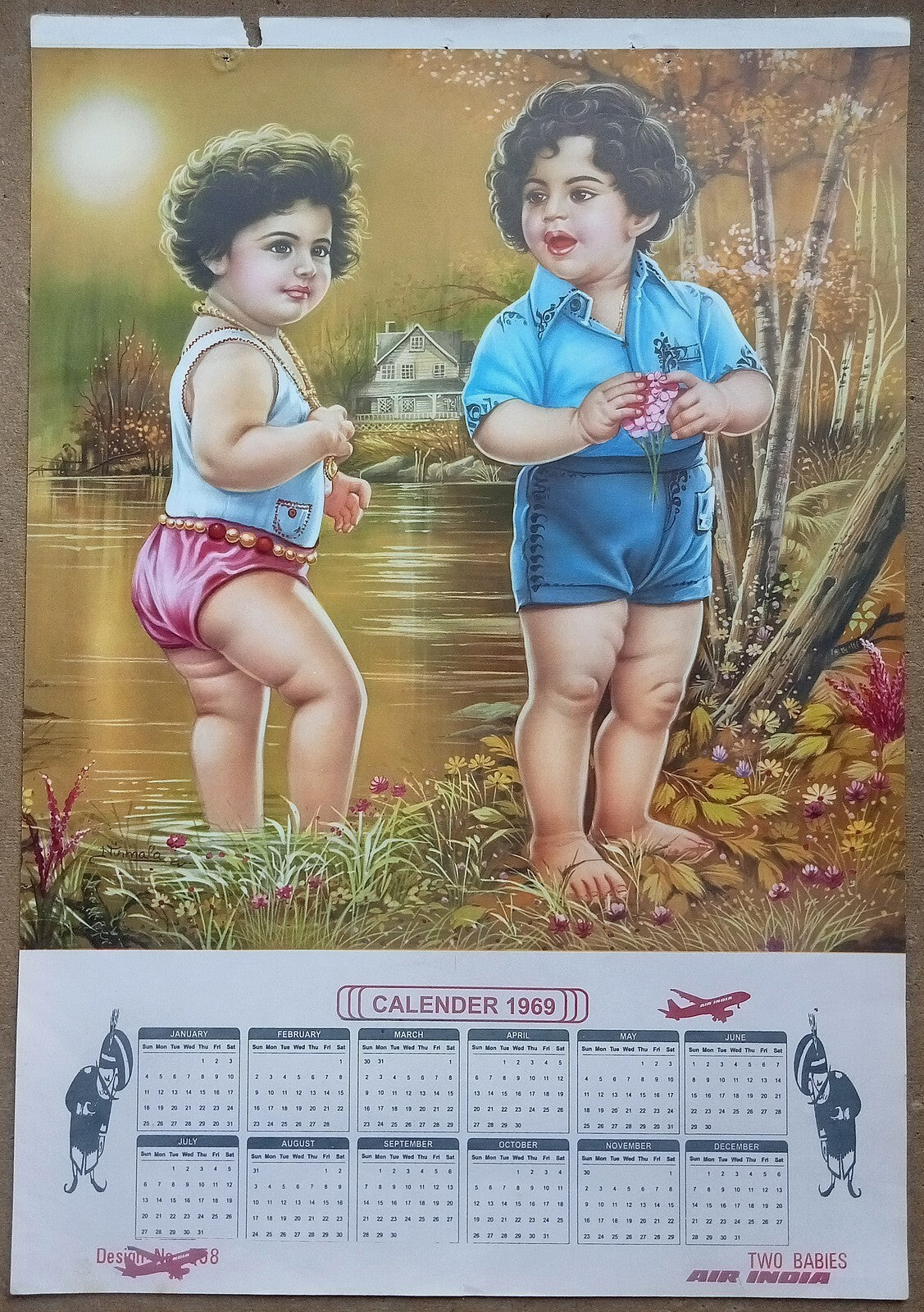 AIR INDIA 1969 poster calender 558 - TWO BABIES - ARTIST : NIRMALA - R