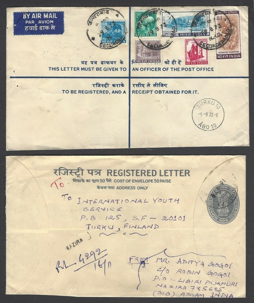 India 8 different registered envelope uprated & used to Finland (8)