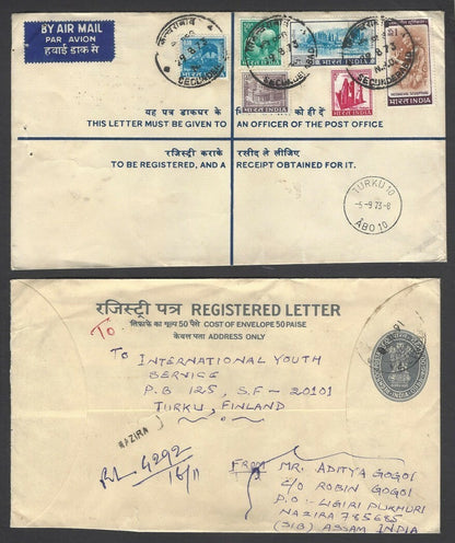India 8 different registered envelope uprated & used to Finland (8)