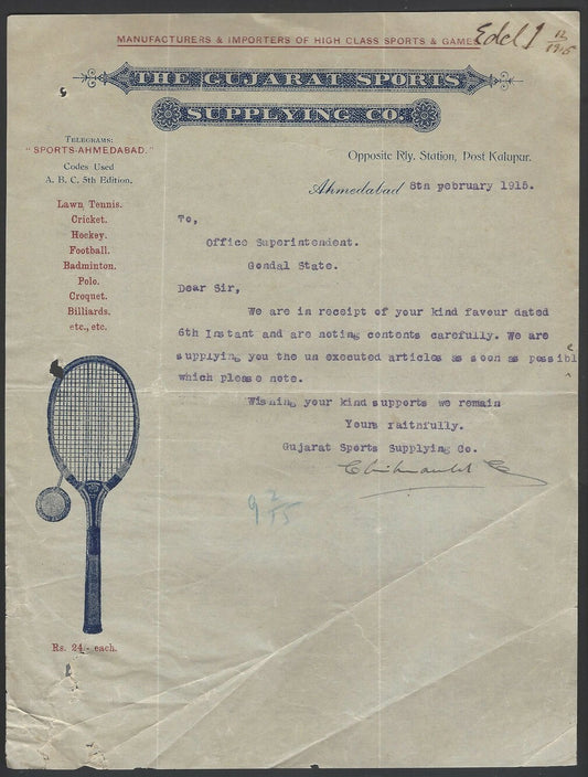 India 1915 Illustrated letterhead Gujarat Sports Supplying & Co Ahmedabad