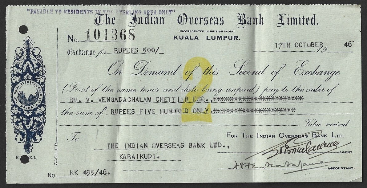 Malaya Indian Overseas Bank, Kuala Lumpur 1946 check cheque