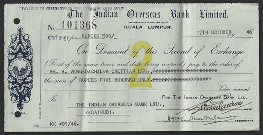 Malaya Indian Overseas Bank, Kuala Lumpur 1946 check cheque