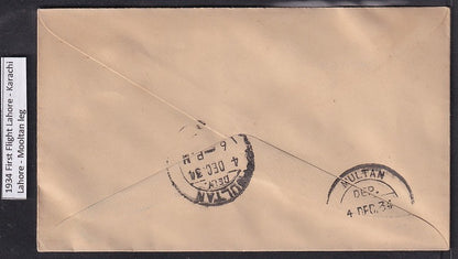 India 1934 First Flight cover Lahore to Mooltan leg of Lahore - Karachi flight