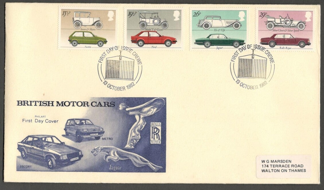 AOP GB Great Britain 1982 British Motor Cars PHILART Crewe FDC to India