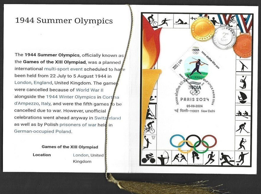 India 2024 Paris Olympics souvenir with 1944 London, UK Olympics cachet