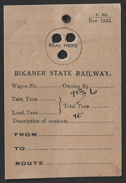 India 1933 Bikaner State Railway luggage tag