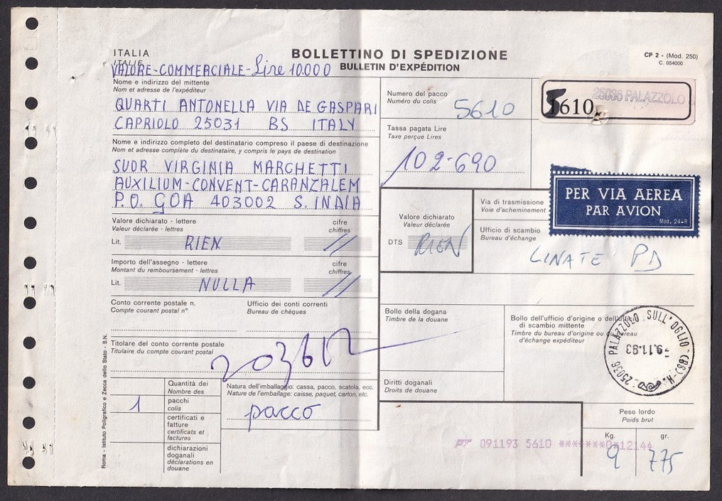Italy red Citis/TAE/EMS “PT3” meter 00000 Lire on 1993 parcel card to India