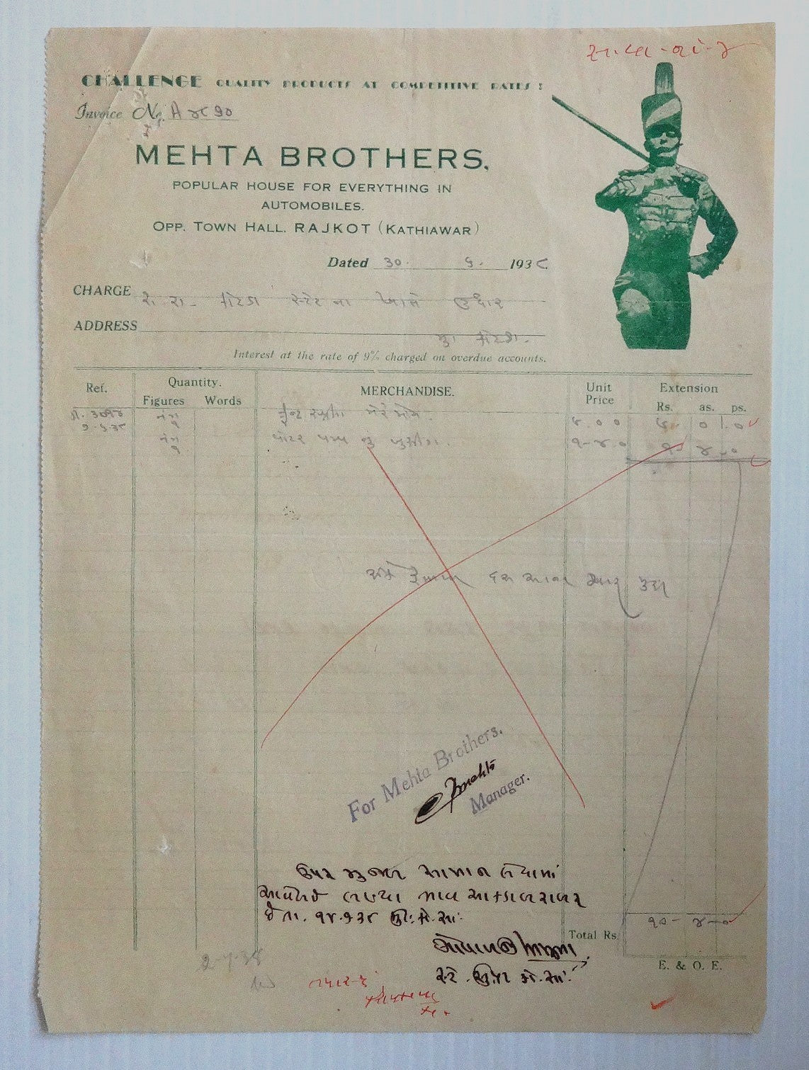 India 1937 illustrated billhead MEHTA BROTHERS, Automobiles Rajkot