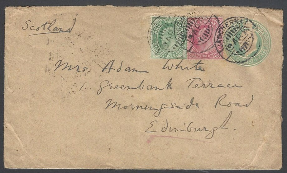 AOPIMT India KEdVII long 1/2a envelope uprated 3a/2a & 1a used 1910 to Scotland
