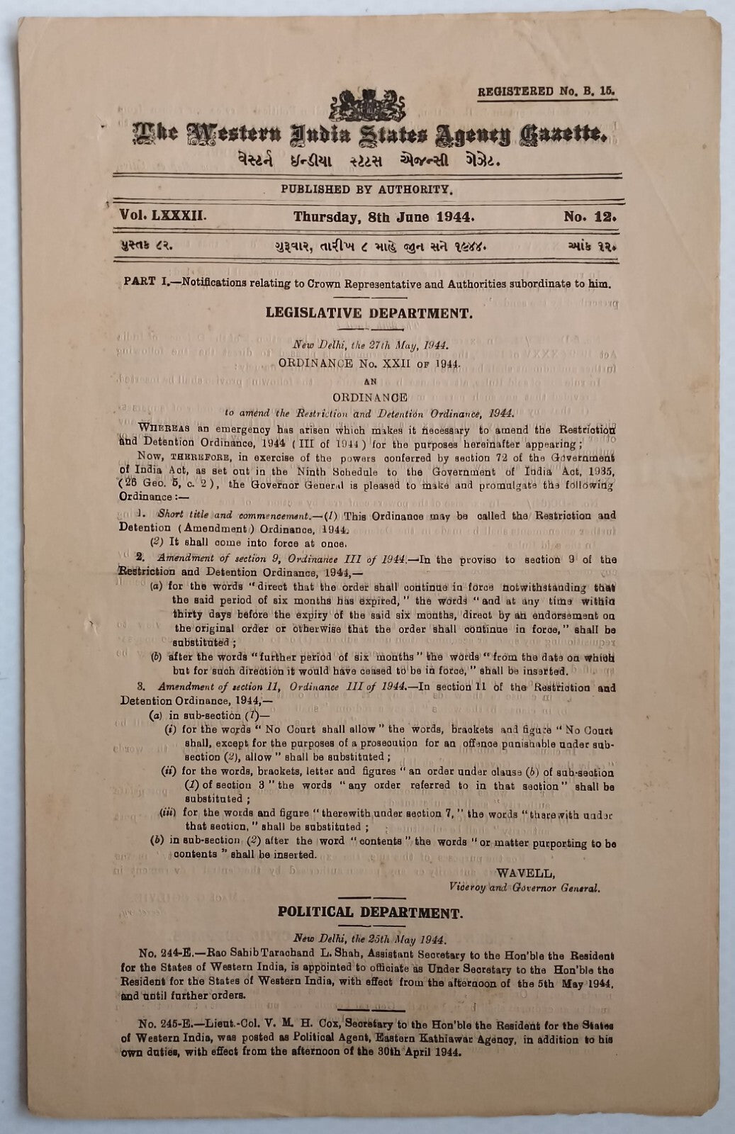 (AOP) India WISA Gazette 1944 Prize Control of Motor Vehicles Tyers