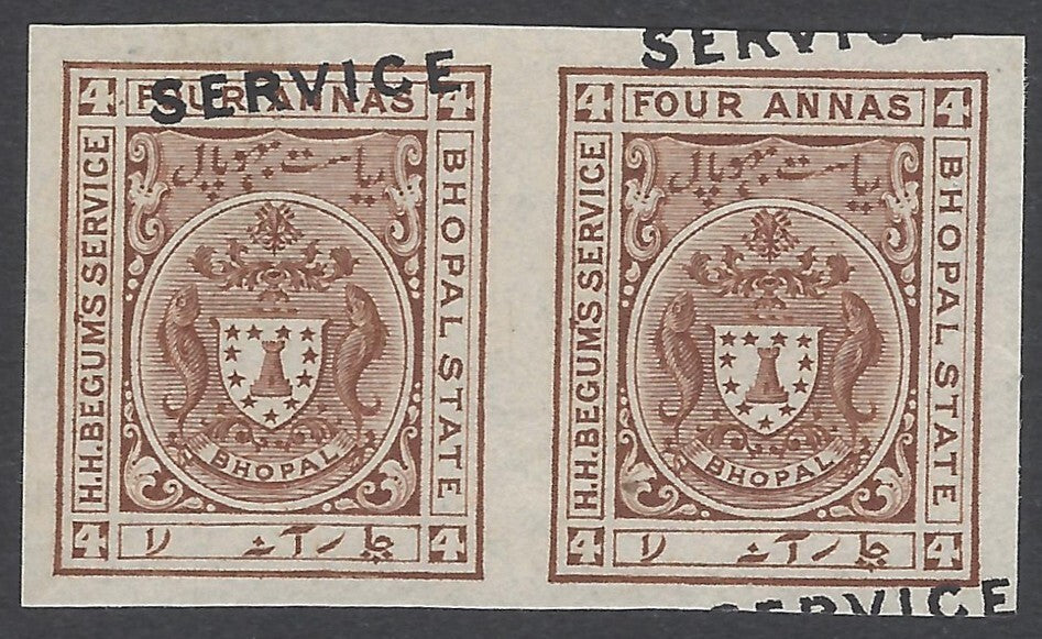 India Bhopal 1908-11 4a IMPERF PAIR WITH OVERPRINT MISPLACED MNH. SG O308c £90