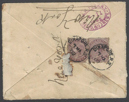 AOPIMT India QV 1a envelope to USA registered DINAPORE 1902 