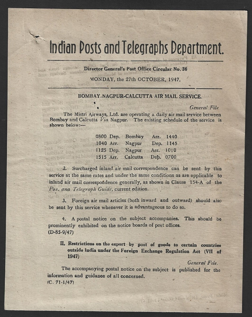 India POSTAL NOTICE #36 27 Oc 1947 Bombay-Nagpur Cal Air Mail Service + CIRCULAR