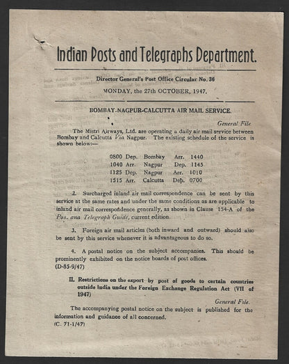 India POSTAL NOTICE #36 27 Oc 1947 Bombay-Nagpur Cal Air Mail Service + CIRCULAR