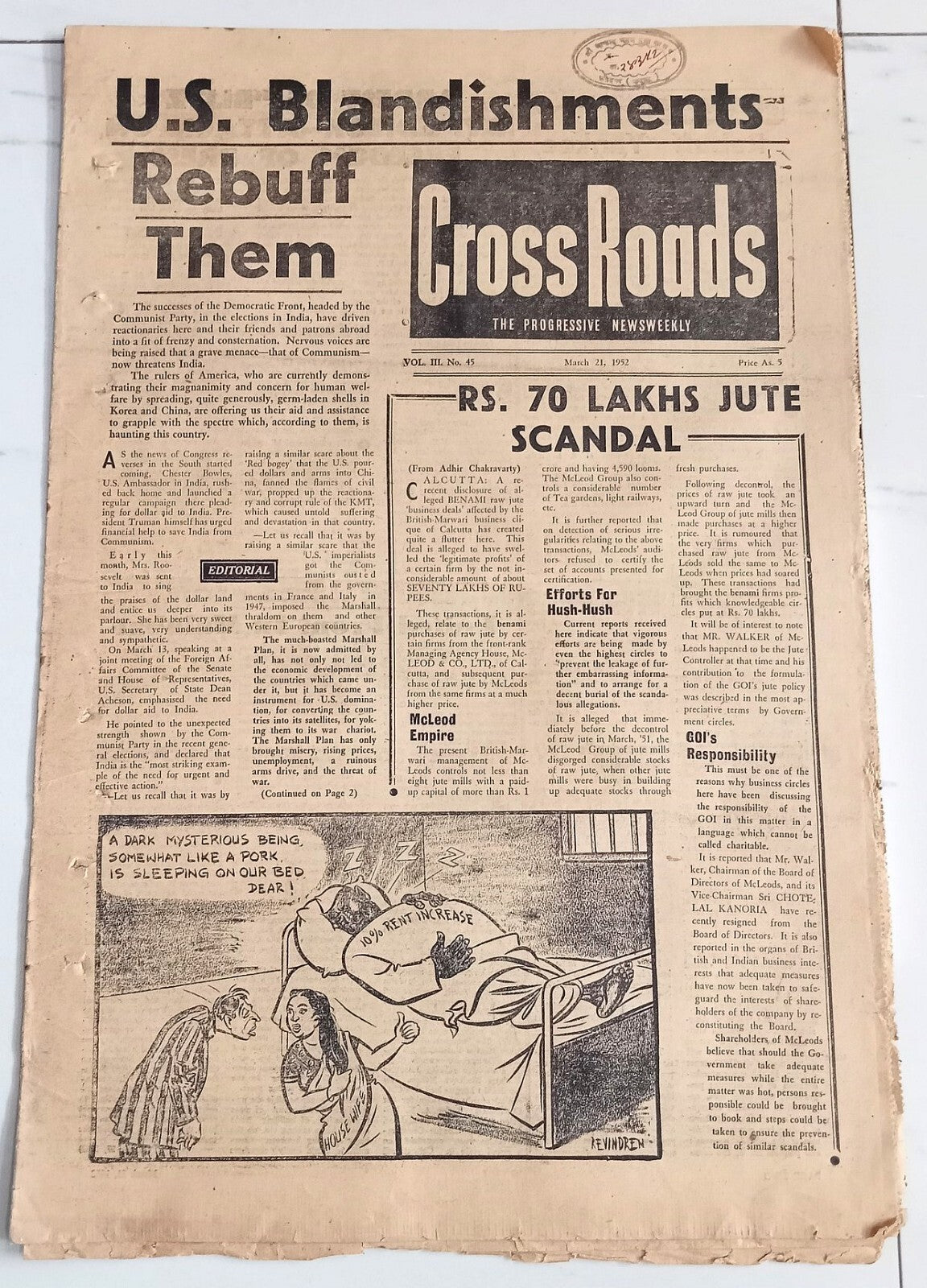 AOP India Cross Roads newspaper 1952 U.S Blandishments Rebuff Them R