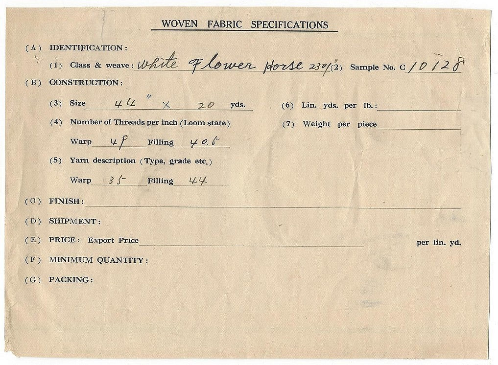 Sanshin Trading Kobe Japan 1940s textile sample sheet for India