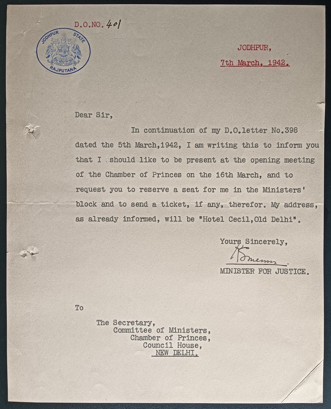 India 1942 crested letter JODHPUR STATE / RAJPUTANA signed Justice Minister