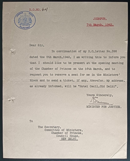 India 1942 crested letter JODHPUR STATE / RAJPUTANA signed Justice Minister