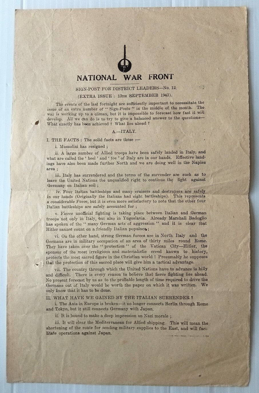AOP India National War Front 1943 Propaganda Leaflet for District Leaders