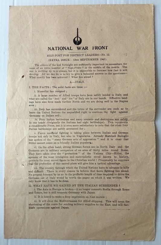 AOP India National War Front 1943 Propaganda Leaflet for District Leaders