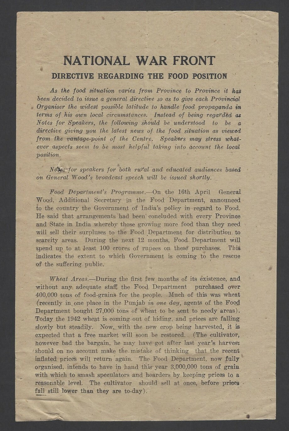 India 1943 WW2 National War Front Propaganda Leaflet The Food Position