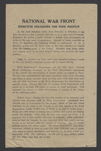 India 1943 WW2 National War Front Propaganda Leaflet The Food Position