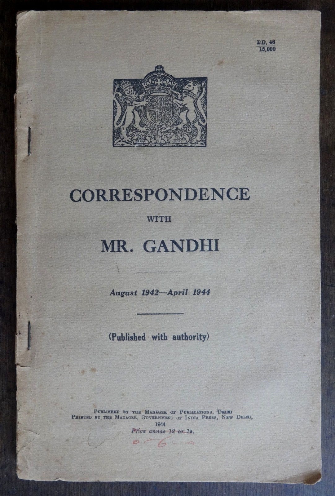 India 1944 GOI publication CORRESPONDENCE WITH MR. GANDHI 1942-4 125pgs