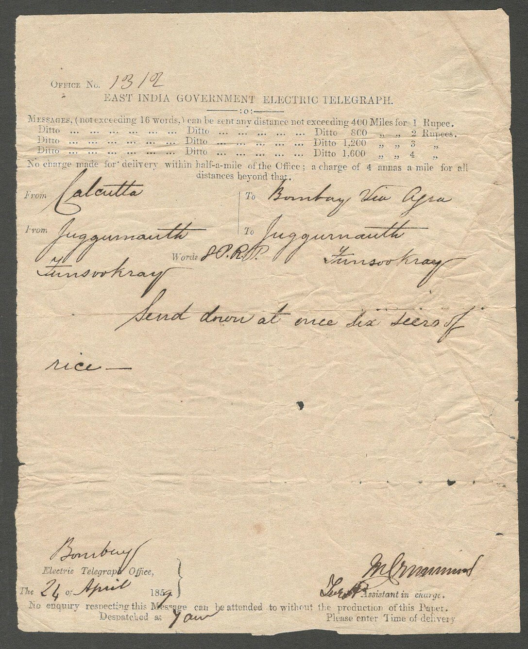 AOP 1859 EAST INDIA GOVERNMENT ELECTRIC TELEGRAPH Opium contents