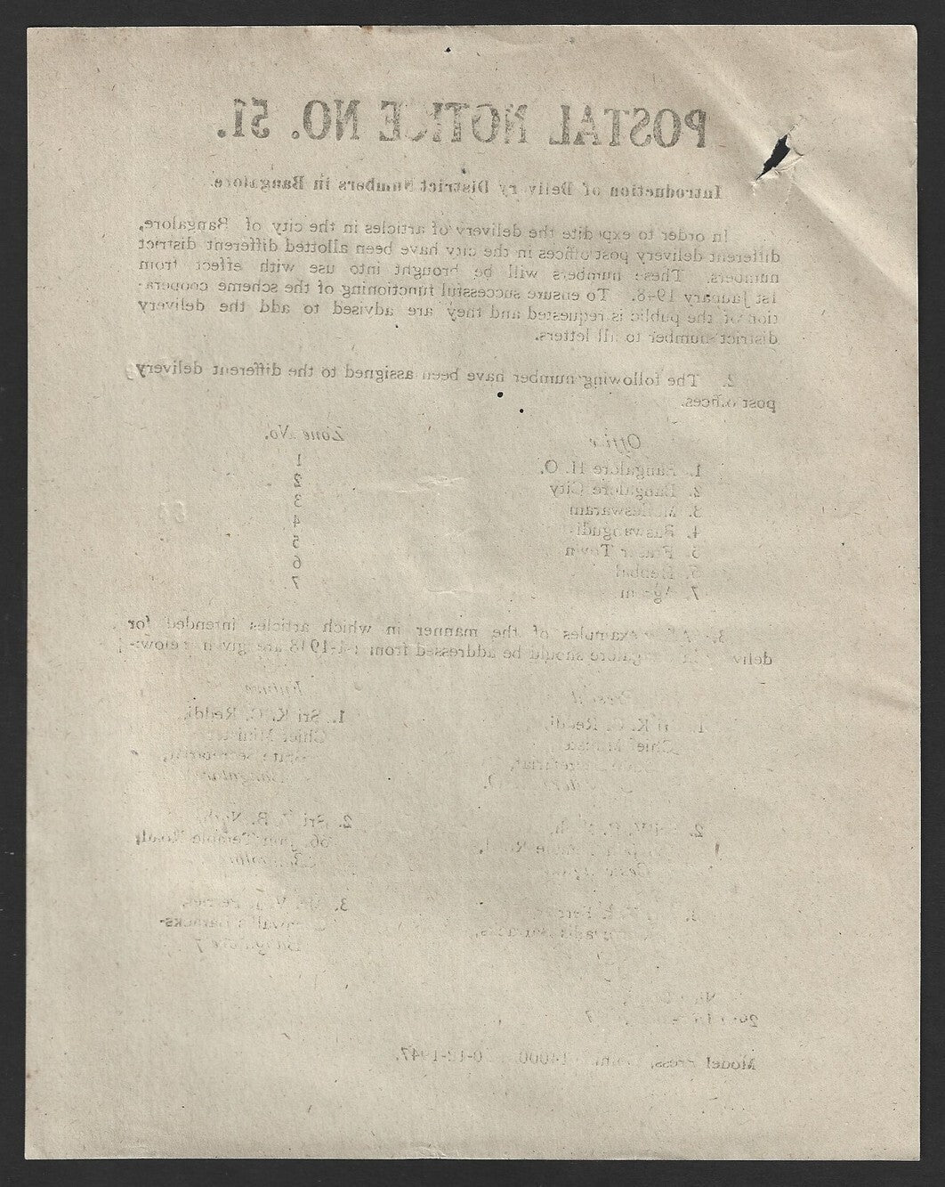 India POSTAL NOTICE #51 29 Dec 1947 Delivery District Nos. Bangalore + CIRCULAR