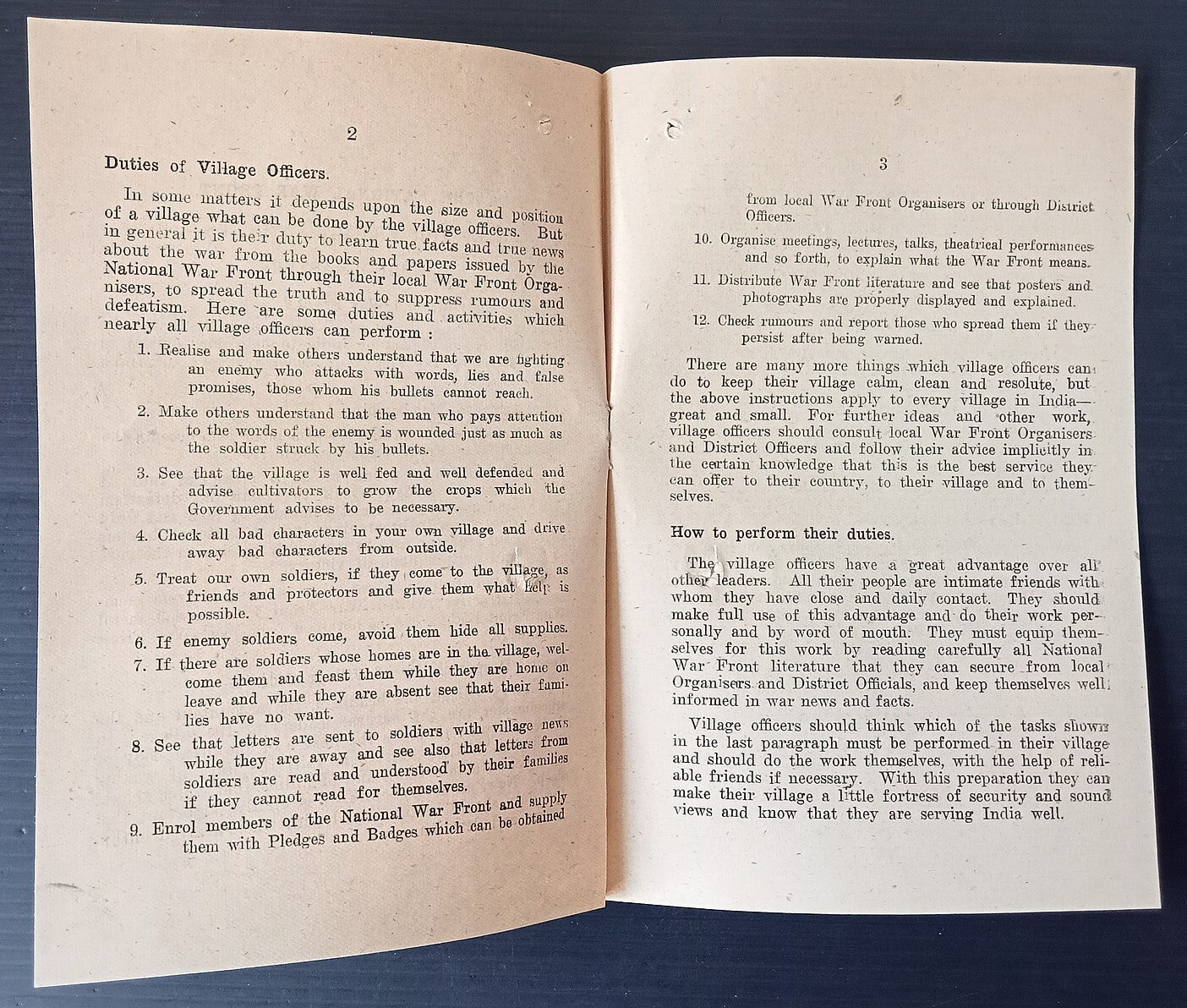 India WW2 propaganda booklet NOTES FOR VILLAGE OFFICERS & SCHOOL MASTERS