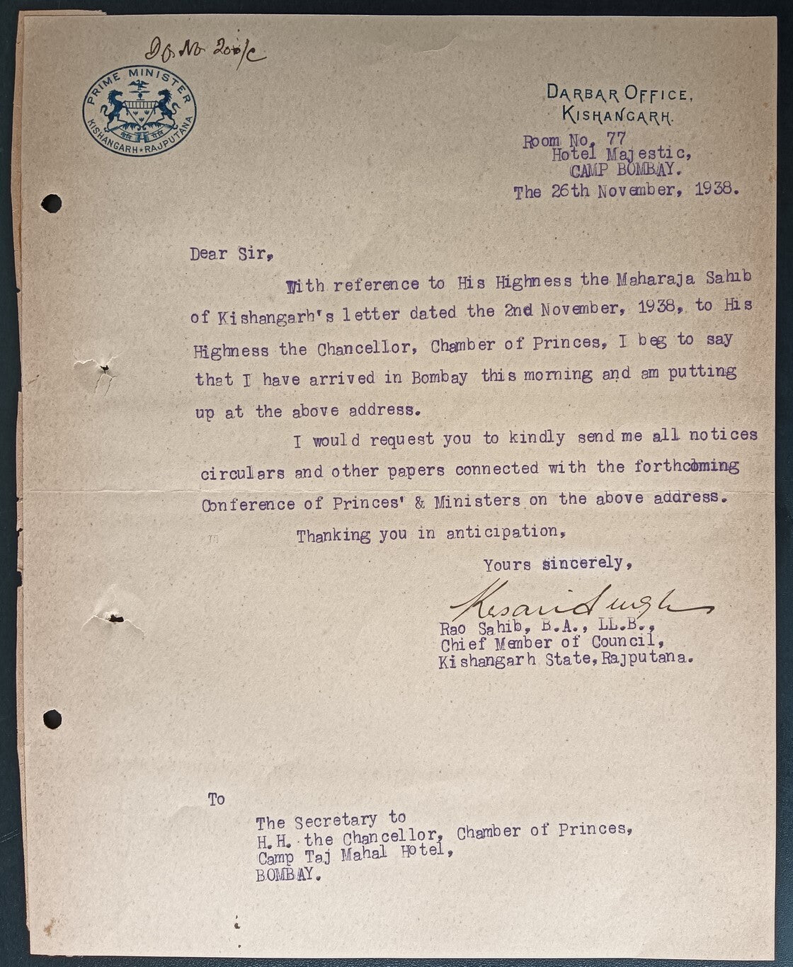 India 1938 crested letter PRIME MINISTER / KISHANGARH signed