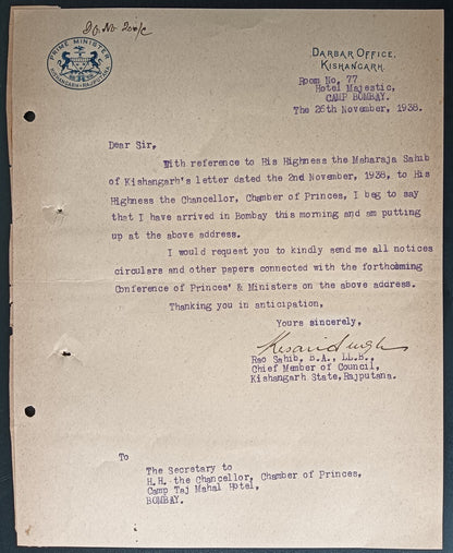 India 1938 crested letter PRIME MINISTER / KISHANGARH signed