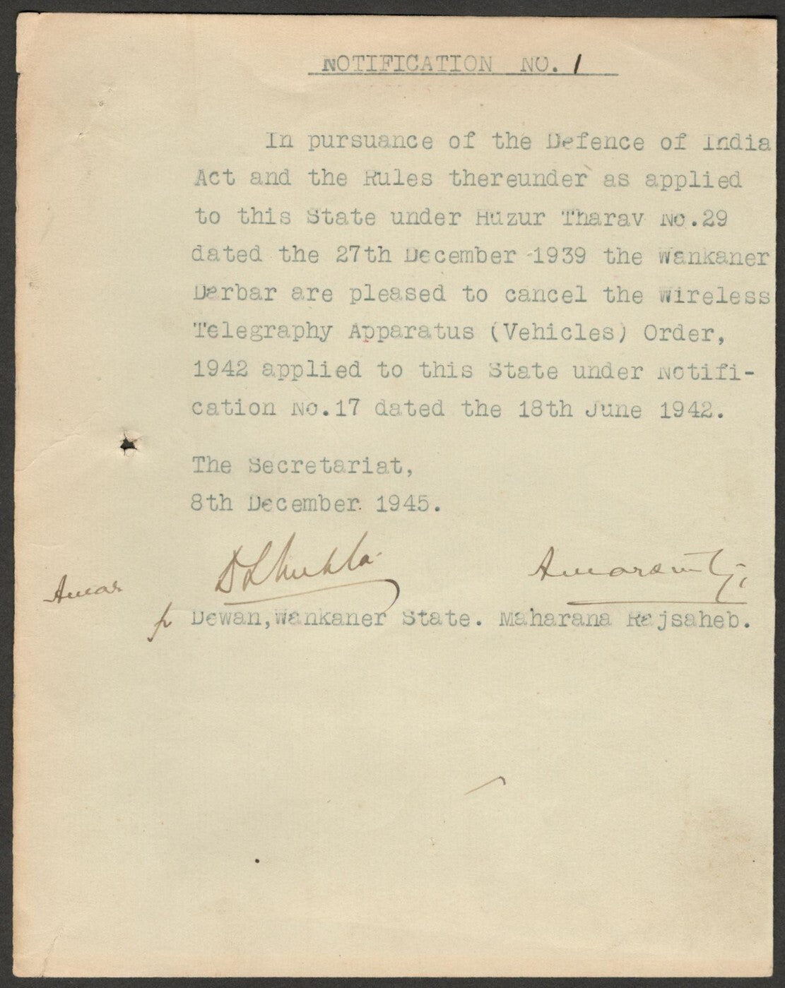 (AOP) India 1945 TELEGRAPH ORDER signed by Amar Singh, MAHARAJA of WANKANER