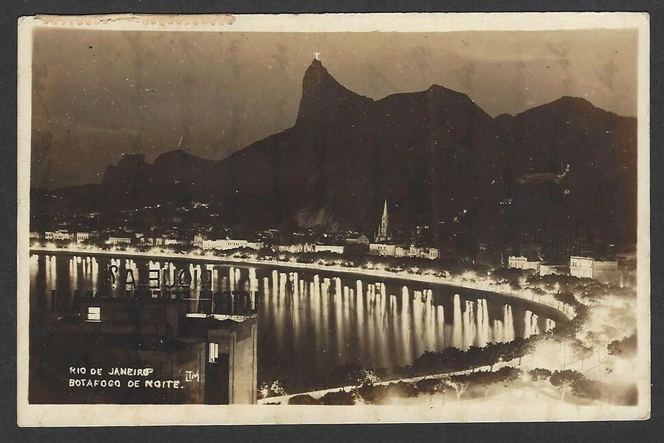 Brazil 1936 postcard to India – Rio by Night rppc